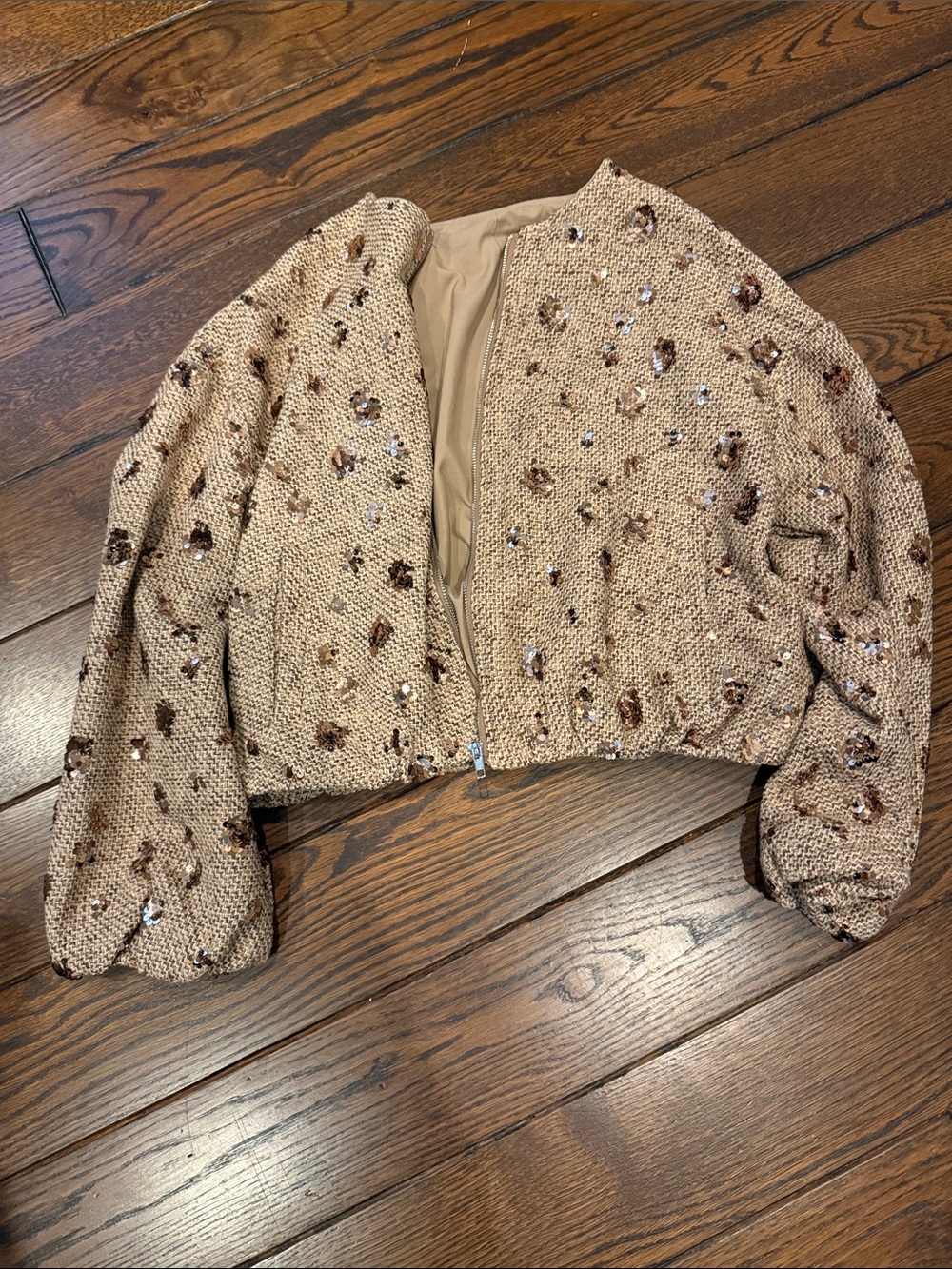 Source Unknown Beige Sequin Cropped Bomber Jacket